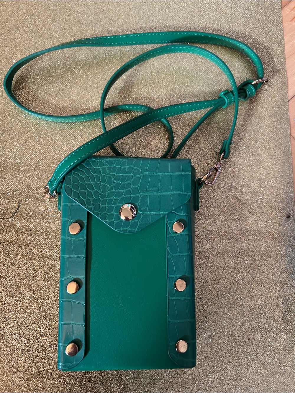 Teal Croc-Accent Crossbody Phone Pouch vegan leather